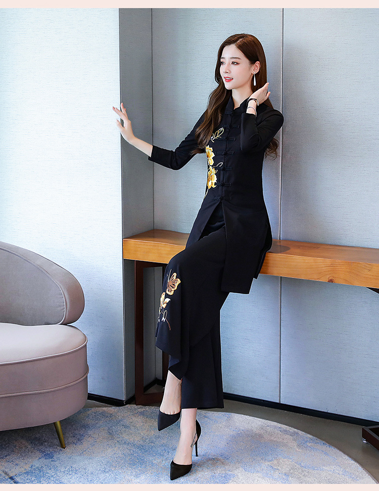 复古刺绣套装/套裙长袖舒适2019秋季优雅唐装松紧长裤两件套女装