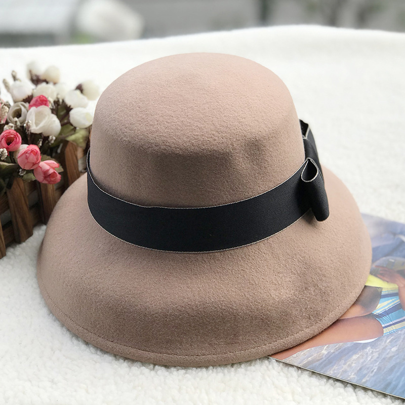 韩版秋冬纯色女式礼貌 逛街出游时尚礼貌 毛呢蝴蝶结圆顶宽檐礼帽