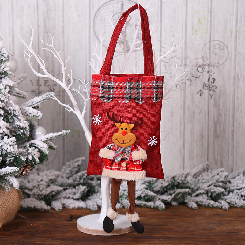 New Christmas Decoration Supplies Christmas Linen Gift Bag Candy Bag Santa Doll Checked Cloth Handbag