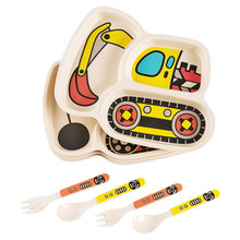 竹纤维儿童餐具卡通汽车工程车挖掘机分格餐盘宝宝饭碗礼品餐具