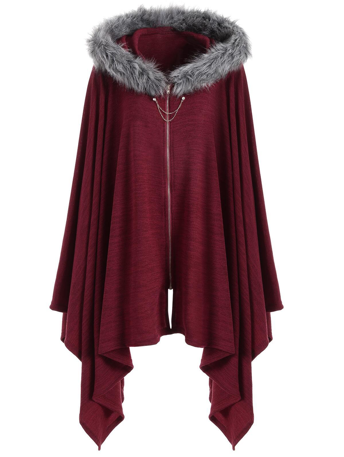 2019欧美站新款针织绒毛帽大码拉链高品质外套斗篷披风