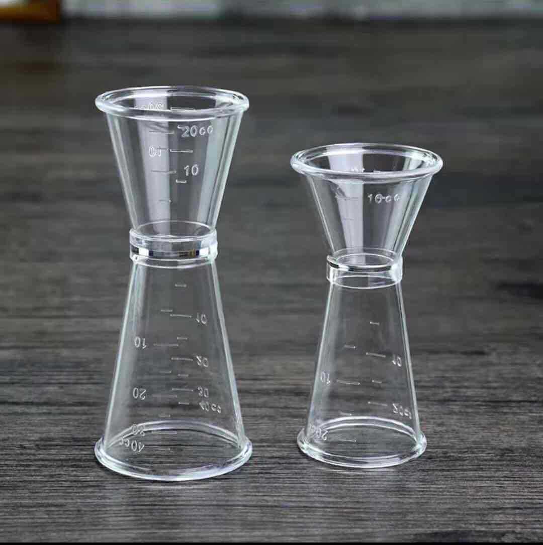 创意款透明pc树脂量杯奶茶调酒塑料盎司杯鸡尾酒带刻度pc双头量杯