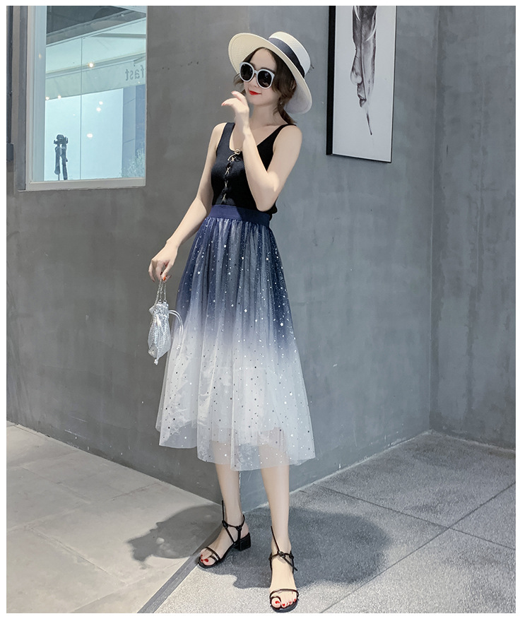 6色乐天爆款星空亮片烫银网纱裙 蓬蓬裙渐变色纱裙a字半身裙