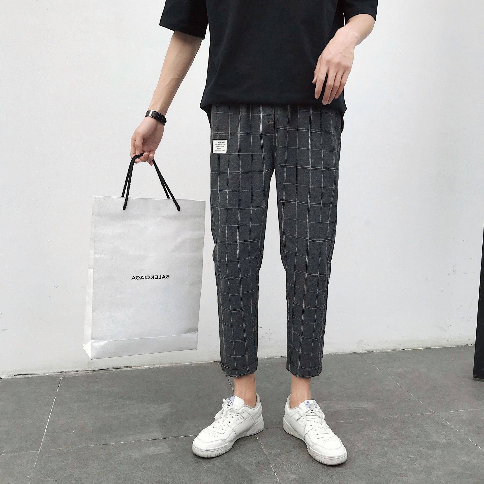 夏季格子裤子男士韩版潮流九分裤宽松休闲裤百搭男裤直筒港风文艺