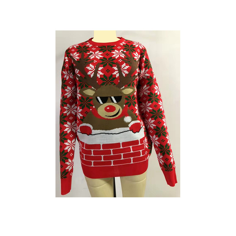 Foreign Trade European and American Export Christmas Sweater Women's Autumn and Winter Elk Knitted Sweater Christmas Red Brocade Sweater