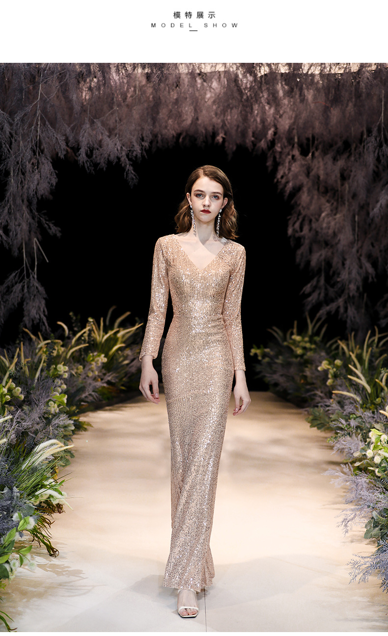 金色晚礼服女2020新款亮片晚宴气质年会主持人高雅女王鱼尾连衣裙
