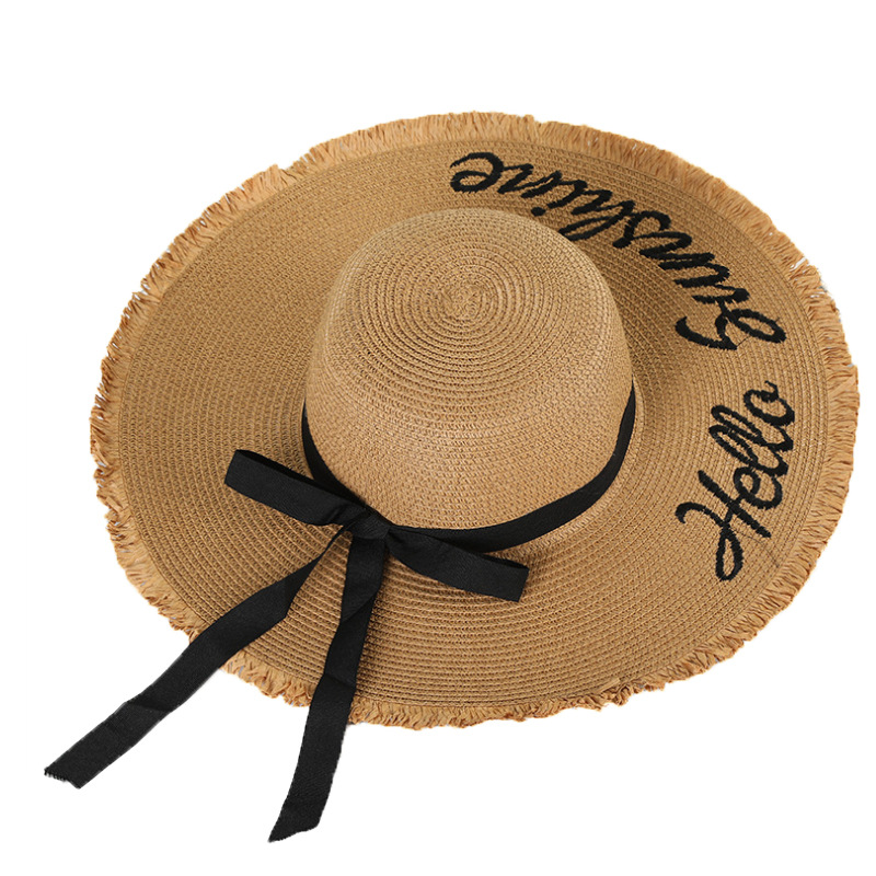 Straw Hat Ladies Bow Broad-Brimmed Hat Dome Sun Protection Beach Letter Big Brim Seaside Sunhat Tide