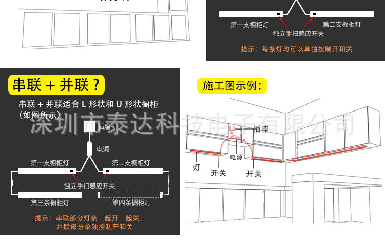 橱柜灯led柜低灯手扫开关感应灯厨房吊柜层板灯衣柜长灯条现货