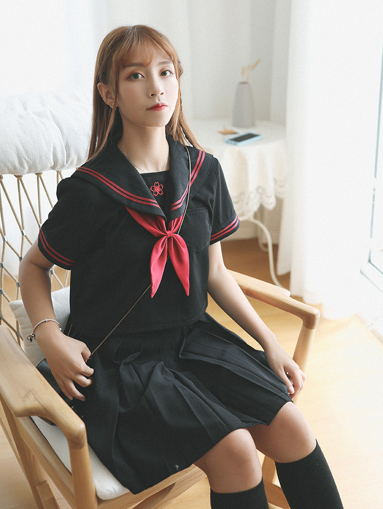 日系jk制服长袖刺绣赤二本软妹服不良黑色水手服学生装中间服套装