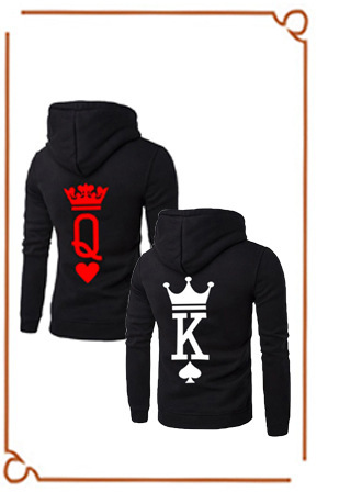 速卖通秋冬爆款女装king queen字母印花连帽抓绒长袖套头情侣卫衣