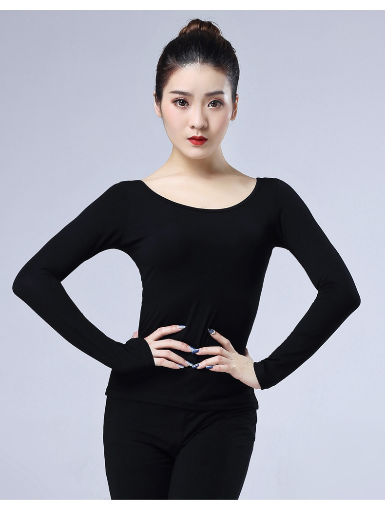 梵舒拉丁舞服装套装女成人舞蹈服女黑色形体练功衣服长袖圆领春夏