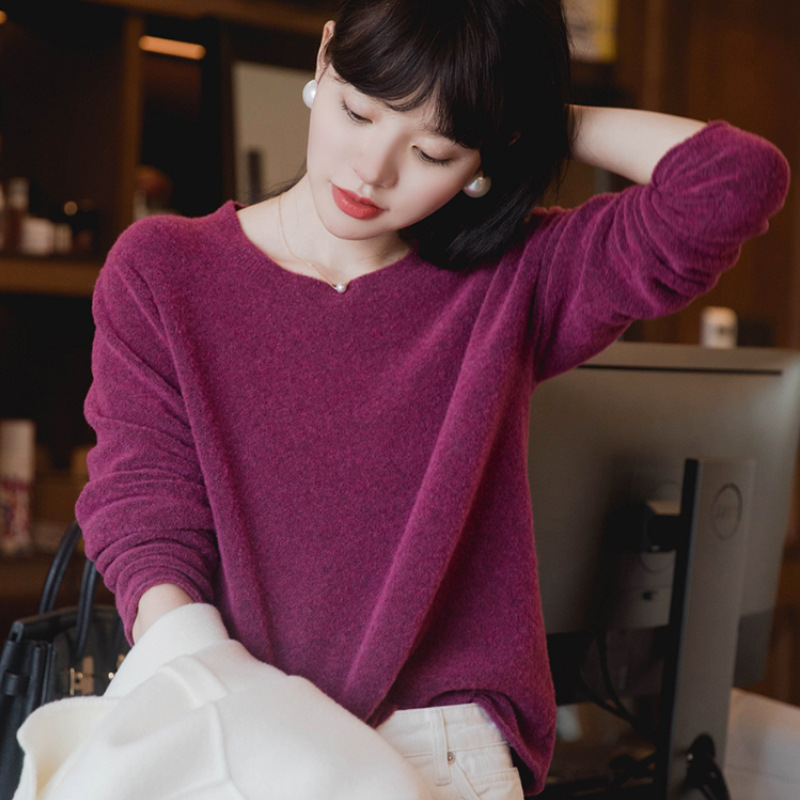 2020春季新款圆领针织衫韩版好搭打底衫套头宽松低领毛衣女红色
