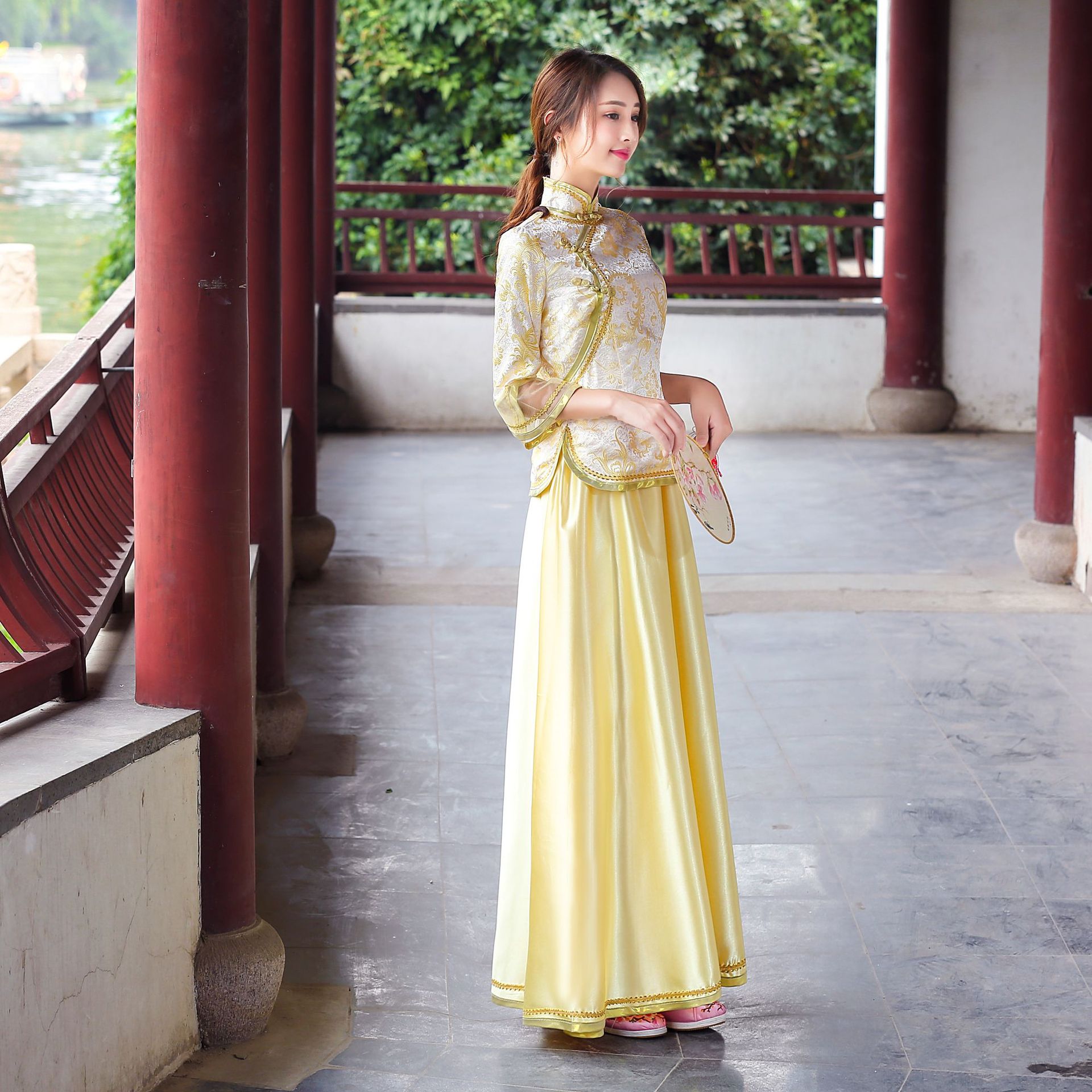 复古风改良版汉服连衣裙女民国风少女学生旗袍套装刺绣盘扣两件套