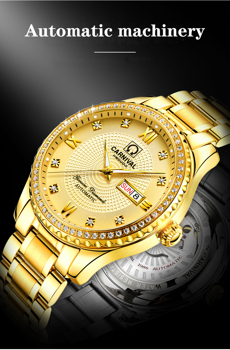 carnival男士手表全自动防水手表夜光精钢表带商务男士腕表机械表