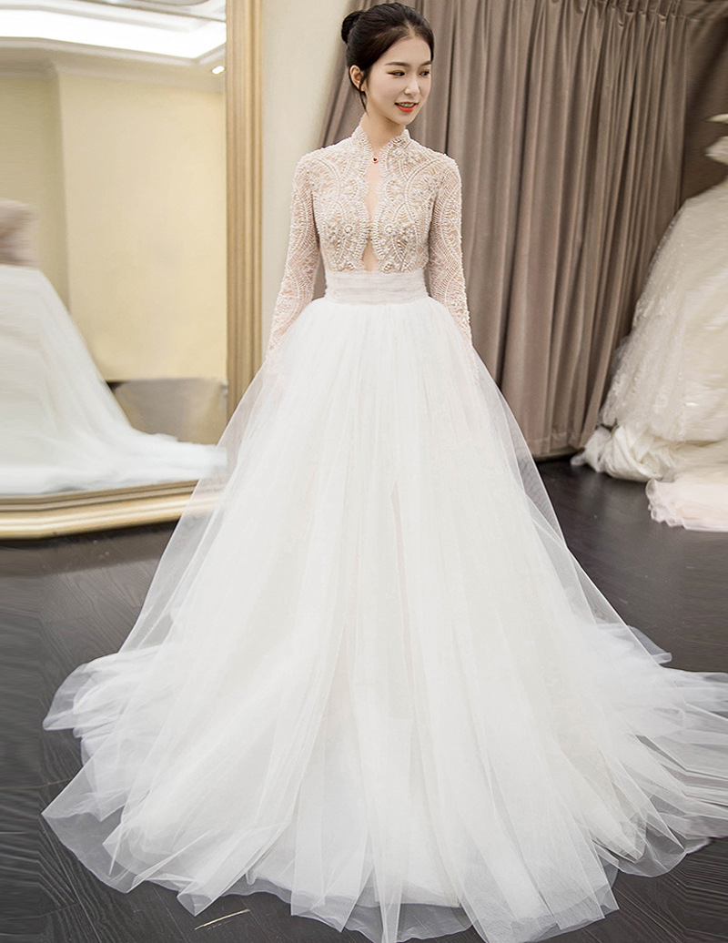 外贸婚纱2021夏高领深v长袖蕾丝显瘦时尚新娘款拖尾款婚纱礼服