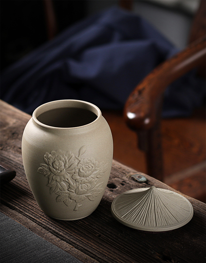 德化粗陶斗笠浮雕茶叶罐 中式1斤装大号茶叶包装罐密封防潮储物罐