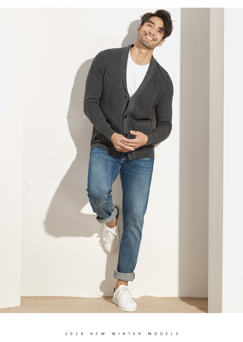 羊毛针织衫男开衫100纯羊毛2019秋冬新款欧美男装纽扣针织开衫男