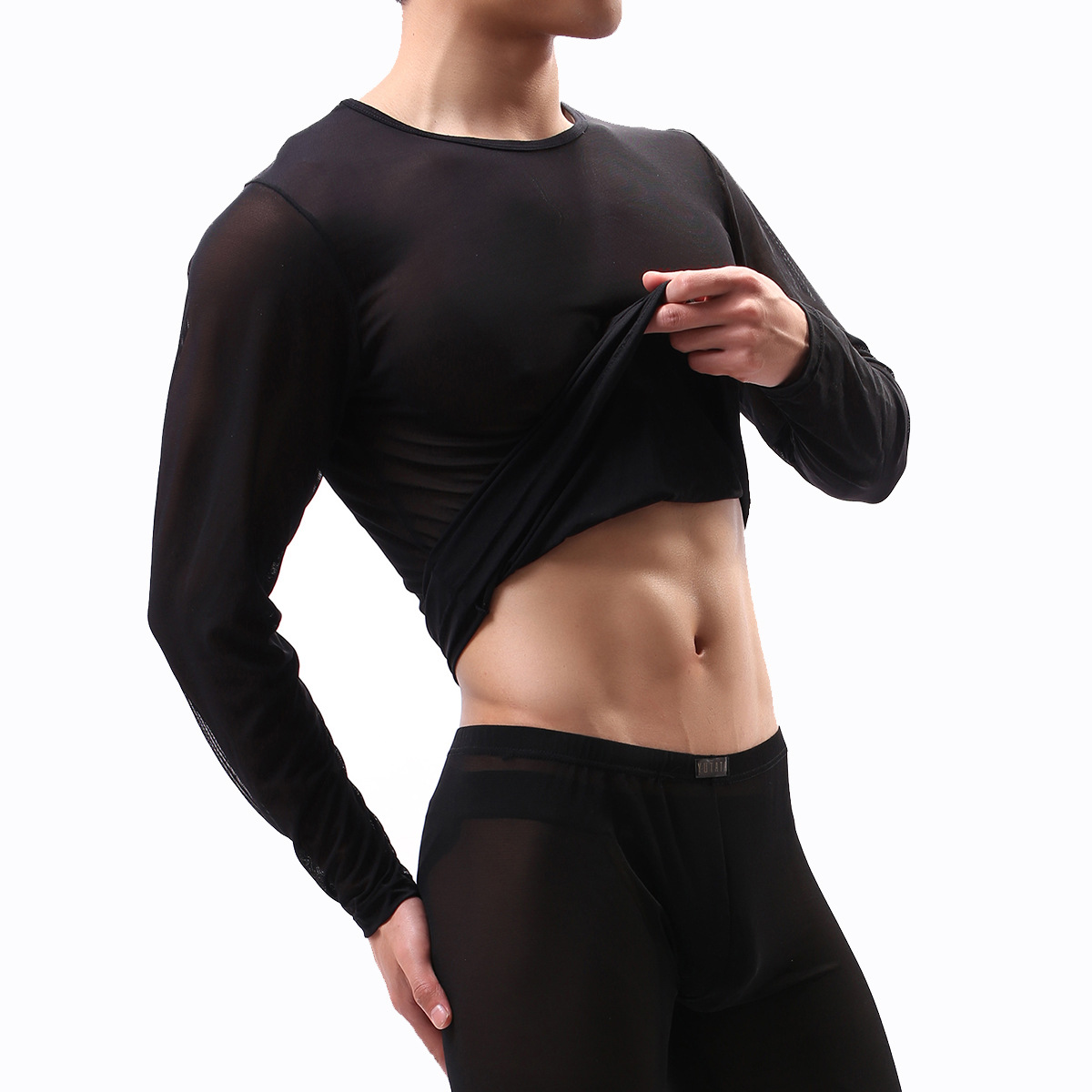 yutata 透明性感长袖t恤 男式透视网纱内衣 男款空调房穿t恤 e668