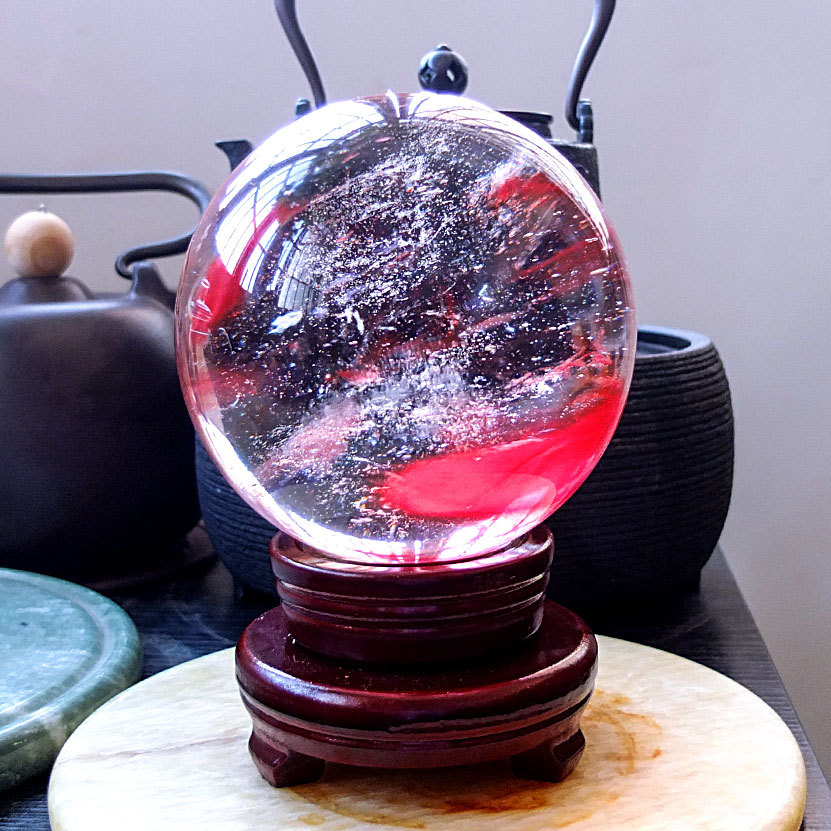 沛孚厂家直销天然红兔毛水晶球摆件风水转运招财礼品原石打磨批发