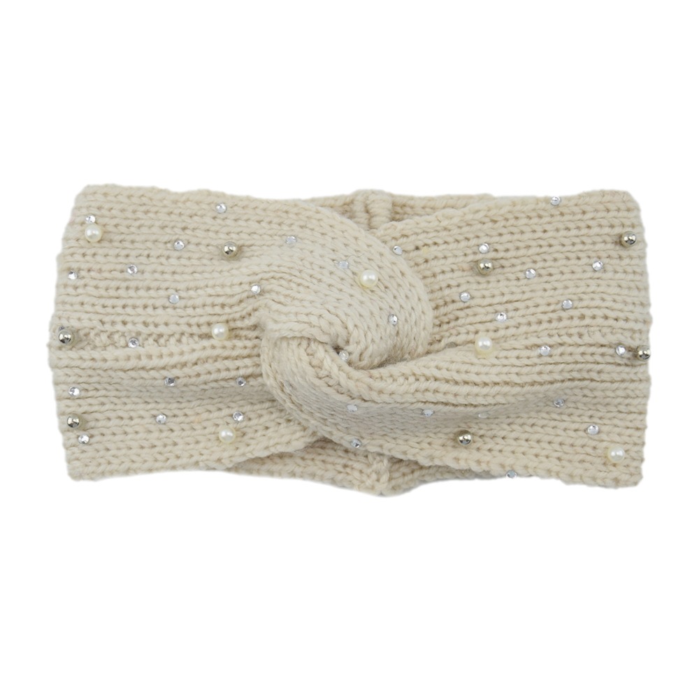 欧美针织珍珠交叉毛线发带护耳头套手工编织头带平板时尚韩版发饰