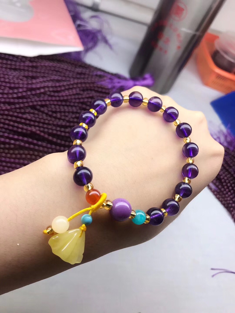 天然紫水晶diy手链蜜蜡琥珀流苏创意款花式手串单圈闺蜜手链饰品