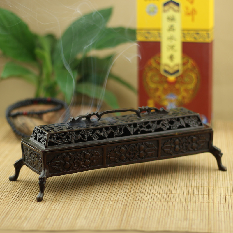 纯铜香炉卧香炉长香炉仿古宣德炉镂空香炉四足卧炉线香炉家居摆件