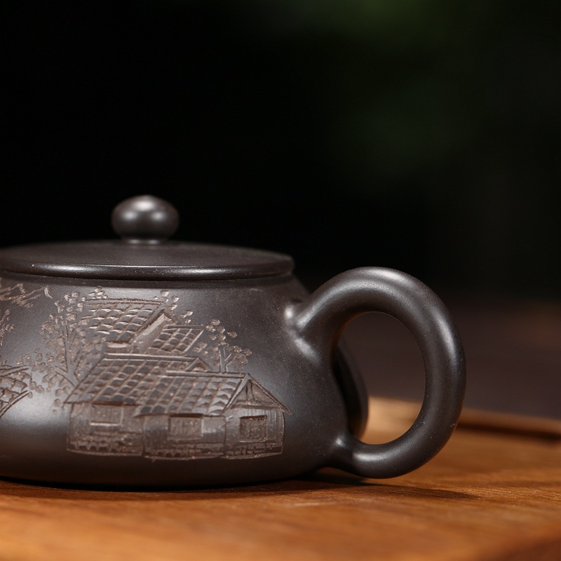 宜兴手工紫砂壶原矿黑泥陶刻江南水乡石瓢壶茶壶茶具泡茶专用代理