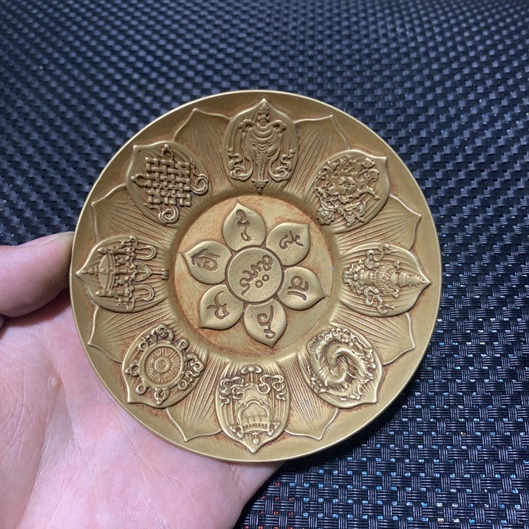 仿古佛家八宝图案莲花座台图案鎏银铜碟子香托摆件 镀银 黄铜二款