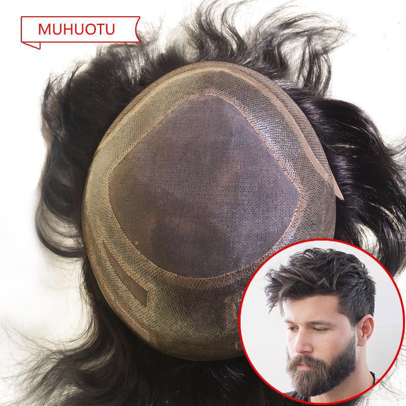 青岛厂家直销外贸款全手织真人发男士补发块men hair piece toupe