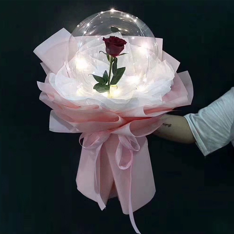 现货18寸网红玫瑰花波波球 圆形透明单支玫瑰波波球花束包装材料