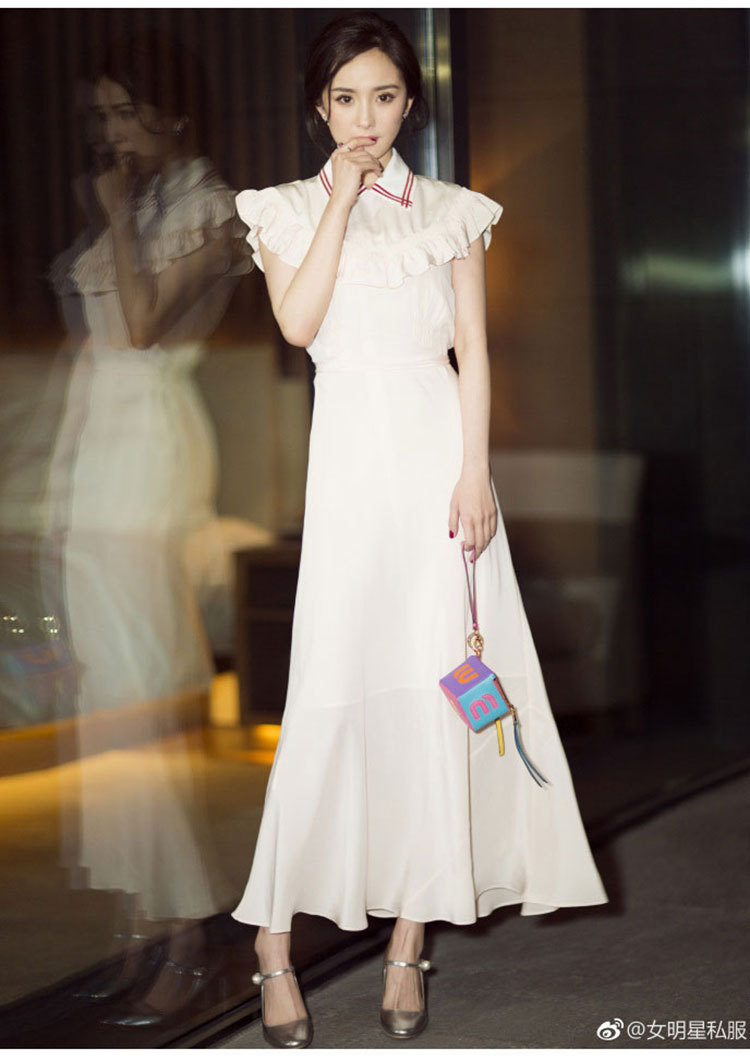 2018明星同款杨幂同款撞色修身收腰韩版气质时尚白色长连衣裙女