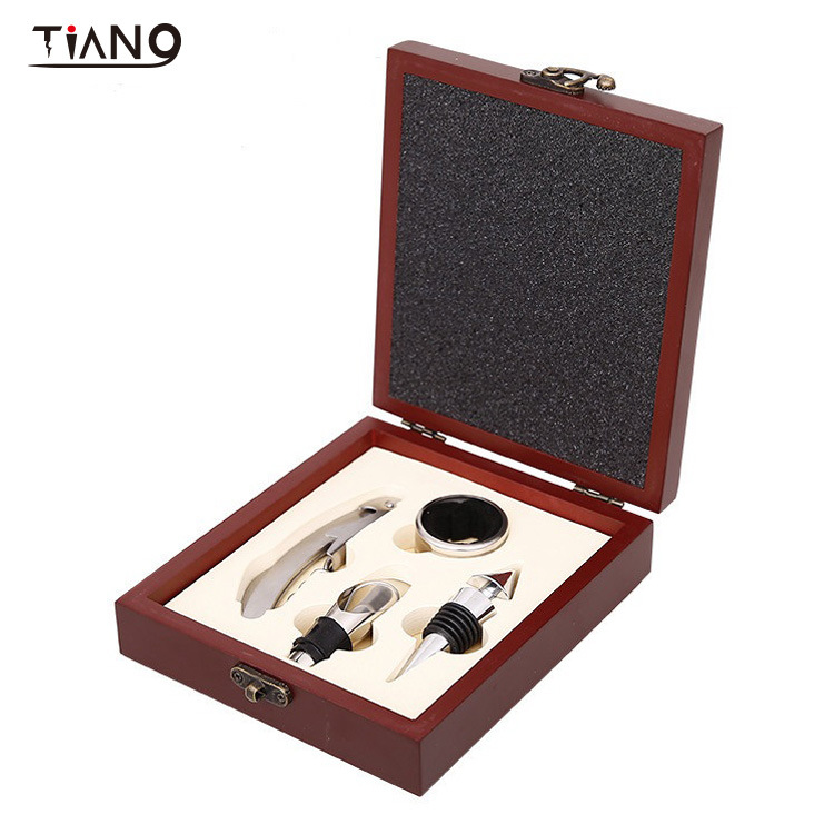 Spot Wine Corkscrew Wine Wine Set Wine Opener Four-Piece Set Wine Opener Small Square Wooden Box round Gift Box