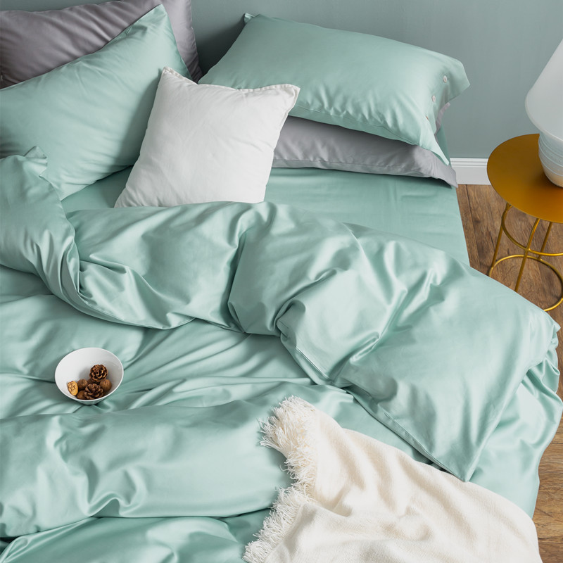 欧式简约蓝绿色纯棉贡缎长绒棉四件套床单被套4件套双人简约纯色