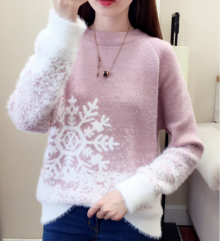 秋冬新款2019圣诞毛衣女圆领仿水貂绒韩版宽松慵懒风雪花针织衫