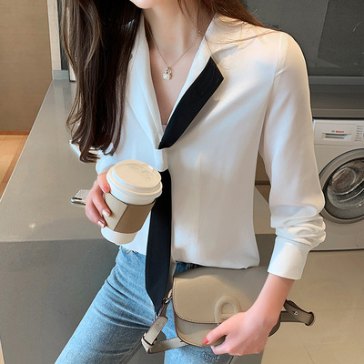 黑色领带飘带衬衫女西装领垂感雪纺衬衣2019新款职业装长袖上衣