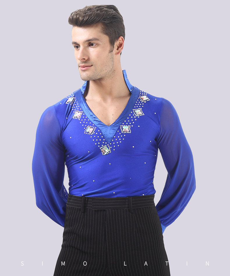 新款男士舞蹈服上衣摩登舞长袖圆领高领拉丁舞服男成人国标舞练功