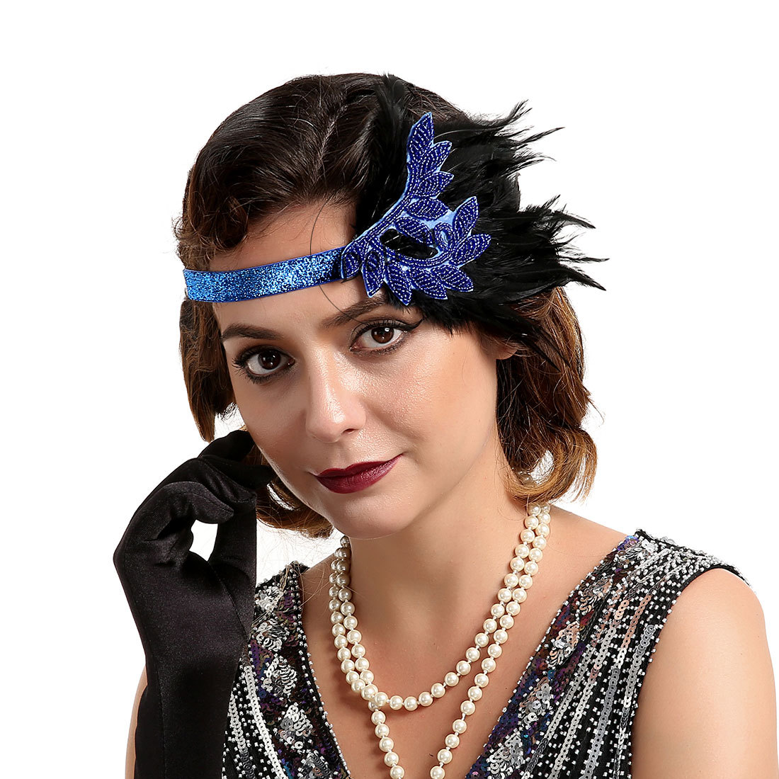 1920s黑色羽毛珠子头带欧美印第安发饰舞会发带亚马逊ebay热销