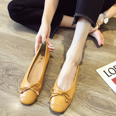 名媛淑女单鞋女2019夏款新品韩版网红时尚百搭简约蝴蝶结平底瓢鞋