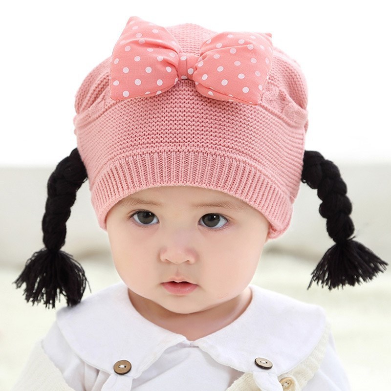 冒子幅子新生婴儿帽子秋冬女宝宝假发帽韩版可爱女孩蝴蝶结毛线帽