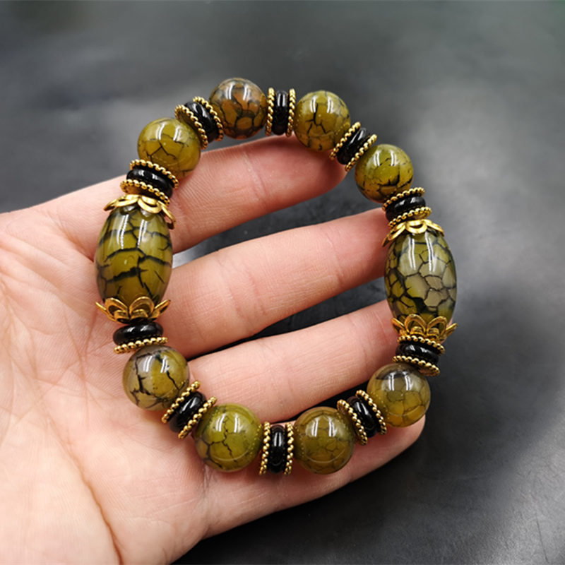 老玉匠 新款天然正品黄龙纹玛瑙手链 手串 特价 男款藏式复古手串