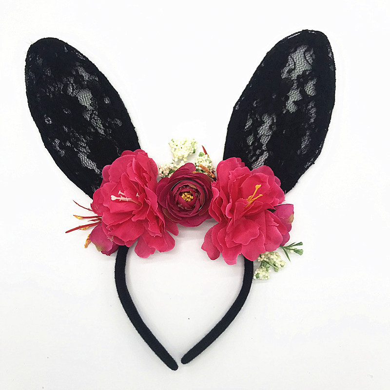 New European and American Trendy Hair Accessories Wholesale Bunny Girl Variety Big Lace Flower Headband Rabbit Ears Headband Wholesale