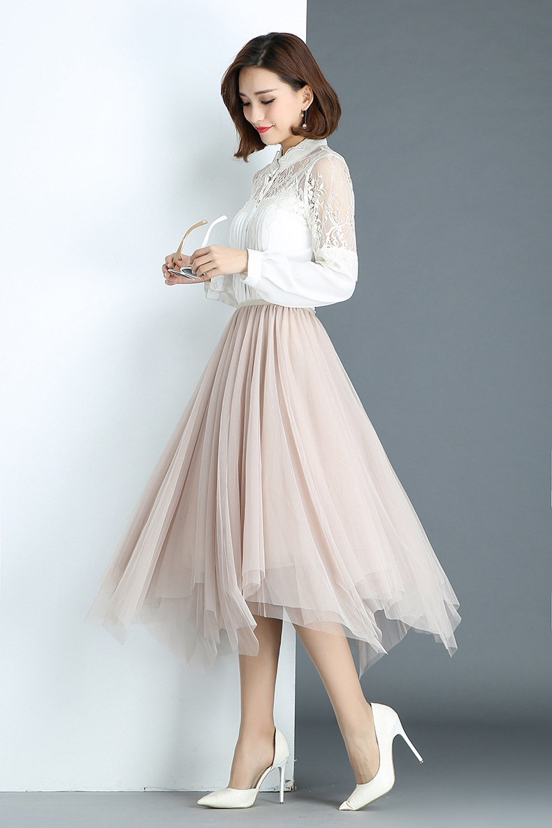 不规则网纱半身裙2020夏季新款中长款仙女百褶裙蓬蓬裙子一件代发