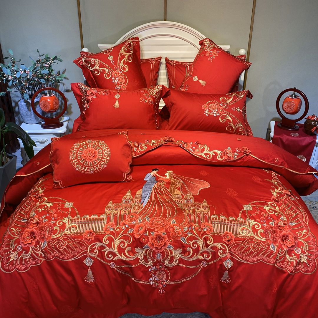 包邮 新款婚庆全棉100支贡缎提花刺绣大红新婚四件套gn6057570