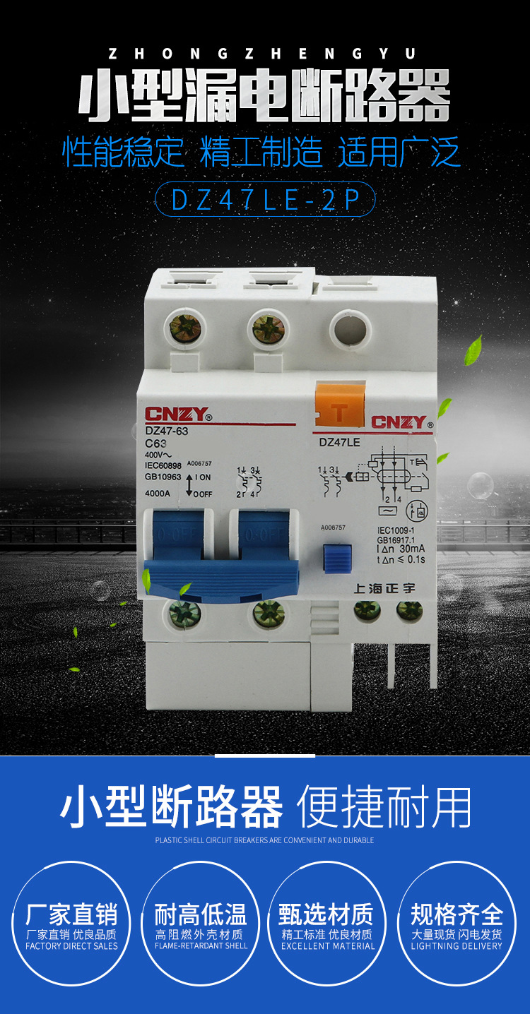 dz47le-63/2p 小型家用漏电断路器 63a 32a 上海正宇