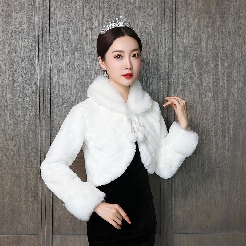 新娘婚纱毛披肩长袖外套结婚伴娘礼服披肩皮草保暖加厚白色秋冬款