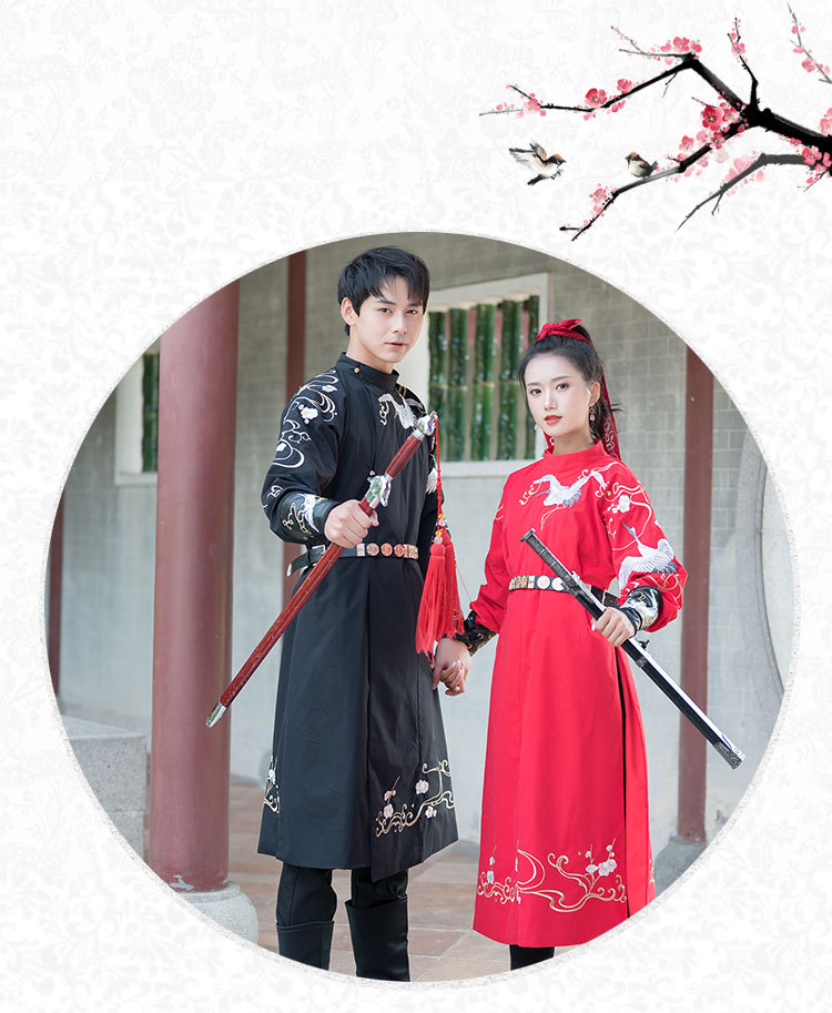 唐制圆领袍锦衣卫刺绣花汉服男装情侣装红黑配女装古装影视演出服