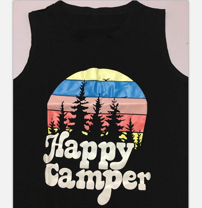现货跨境专供2019速卖通亚马逊新女式上衣 happy camper 圆领背心