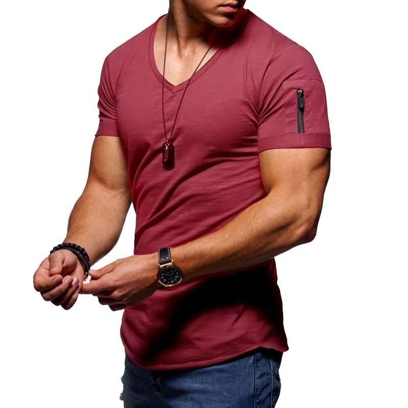 Men's T-shirt Cross-Border Clothing European and American Foreign Trade Men's V-neck Solid Color Large Size Casual Short Sleeve T-shirt