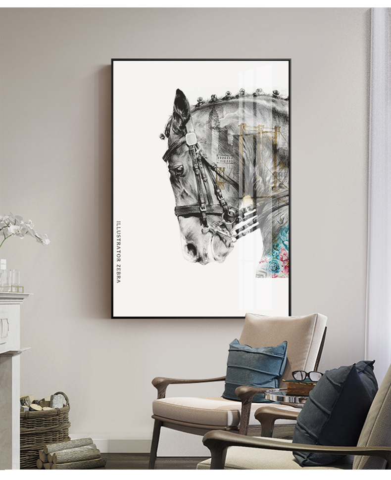 客厅白马装饰画入门玄关挂画骏马美式轻奢大尺寸壁画马头现代墙画