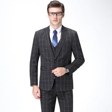 专柜男式西服套装韩版商务格纹马甲三件套职业男士正装时尚西装男